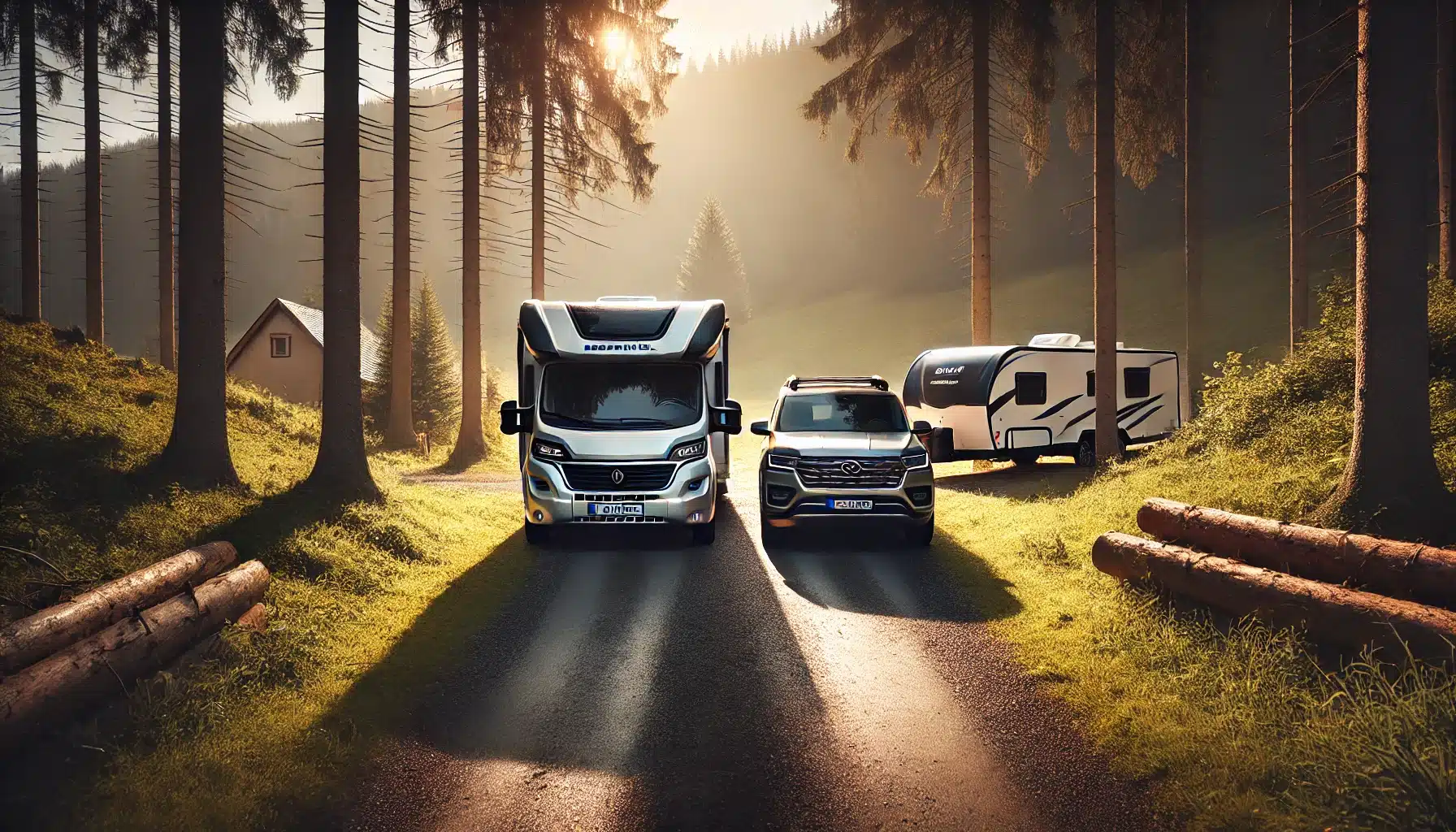 DALL·E 2025-03-25 13.15.41 - A front-facing standoff between a modern motorhome (Reisemobil) and a travel trailer (Wohnanhänger) positioned directly opposite each other on a dirt