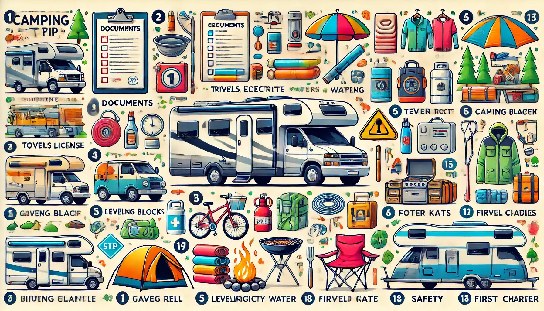 DALL·E 2025-03-25 13.28.24 - An organized and colorful visual checklist for packing a camping trip with a motorhome or travel trailer. The image is divided into sections, each wit