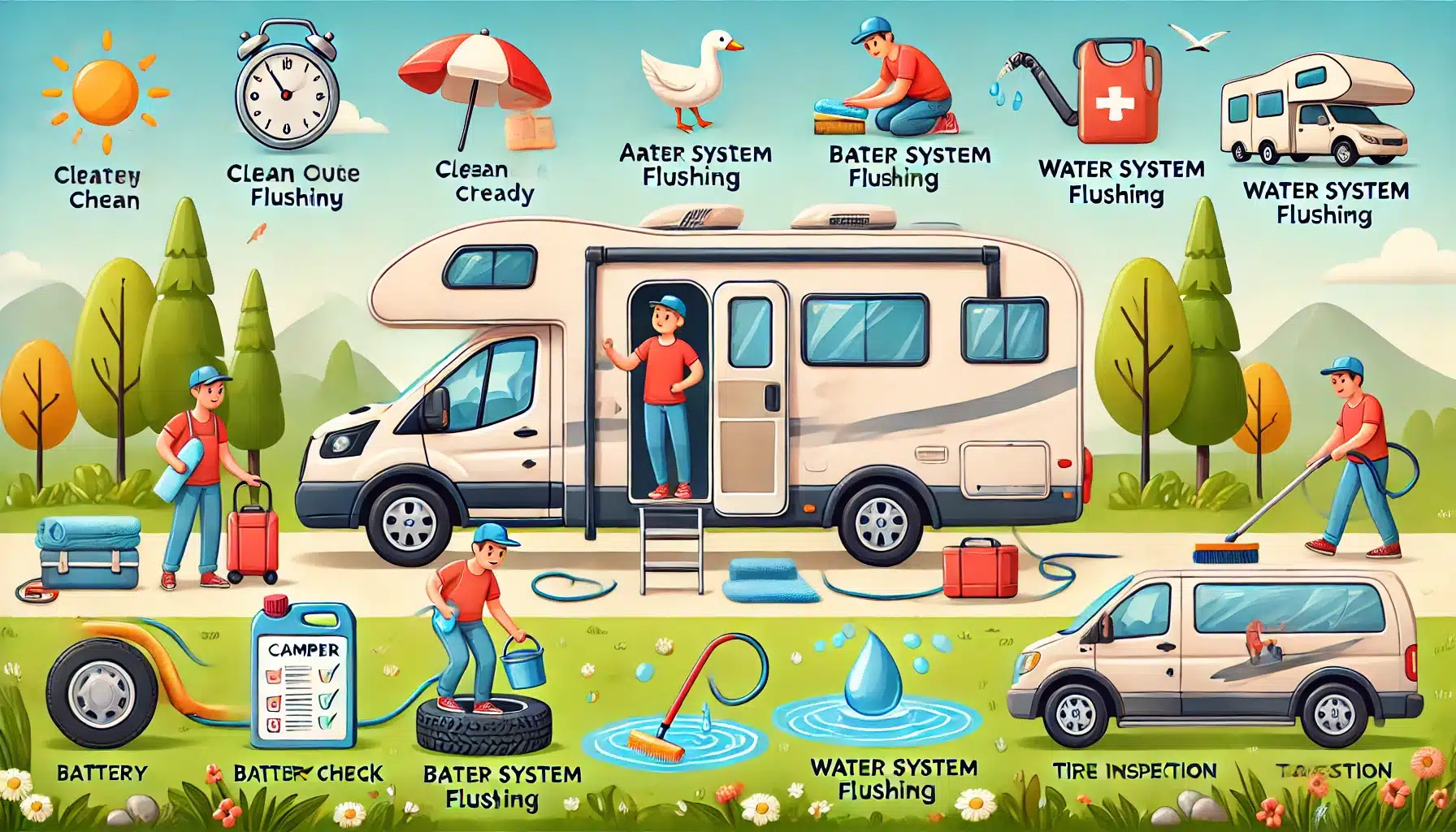 DALL·E 2025-03-25 13.38.13 - A cheerful and informative illustration showing how to get a camper or motorhome ready for the new travel season. The scene features a person cleaning