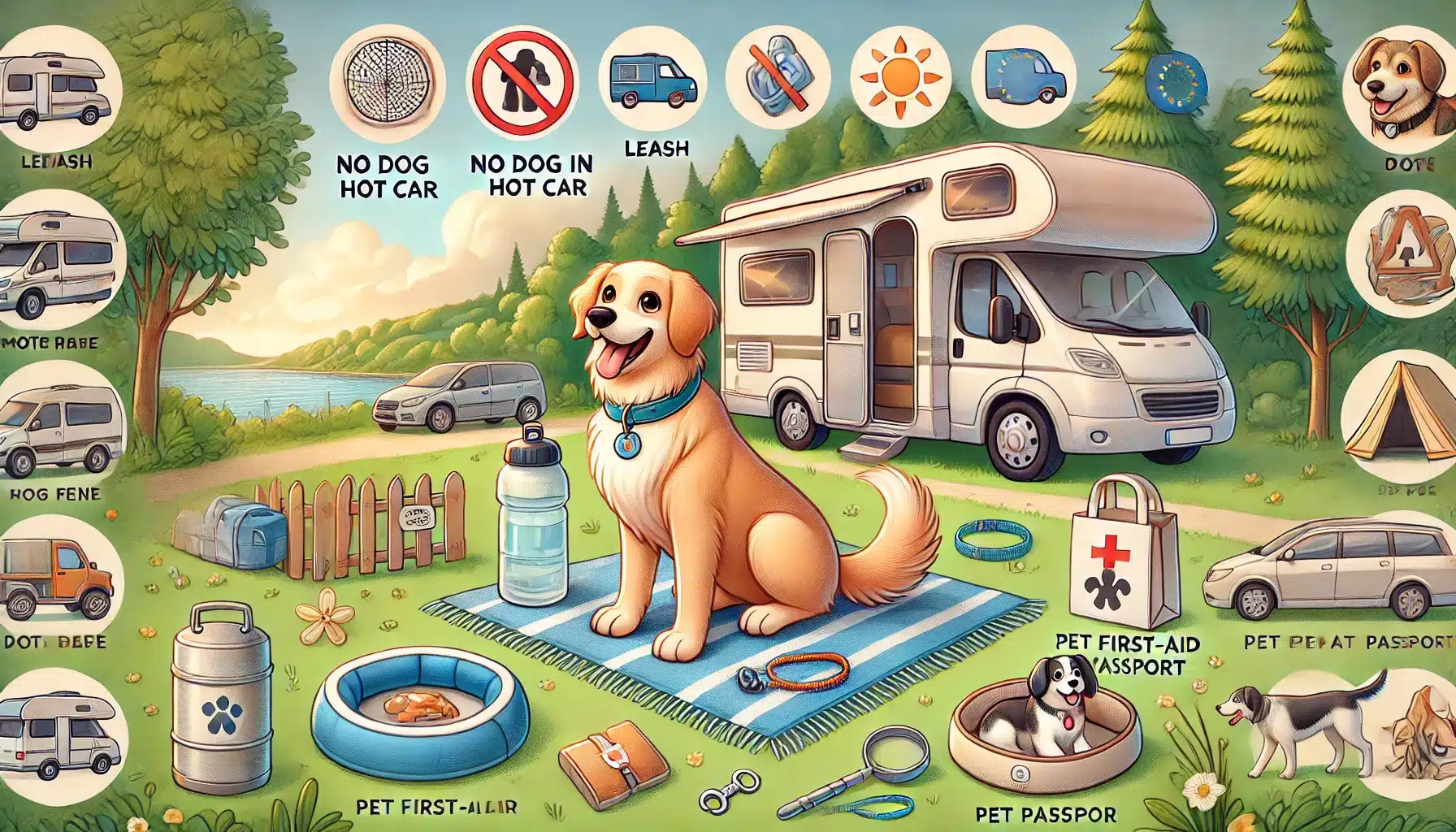 DALL·E 2025-03-25 16.12.14 - A heartwarming and informative illustration about camping with a dog. The scene shows a motorhome and a caravan parked in a nature-rich, dog-friendly