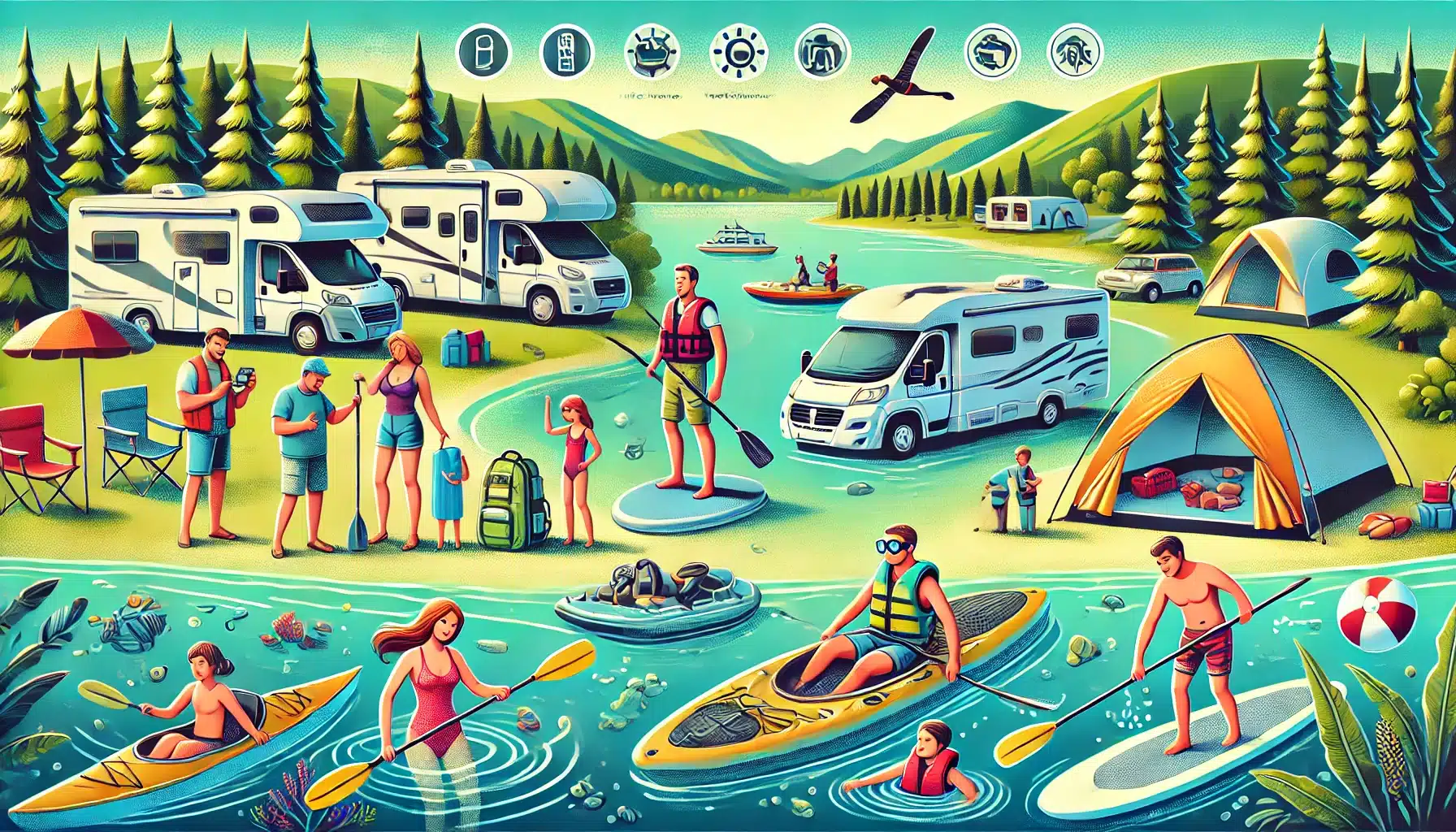 DALL·E 2025-03-25 16.49.46 - A vibrant and detailed illustration showing various water sports activities at a campsite near a lake or coastal area. In the background, there are mo